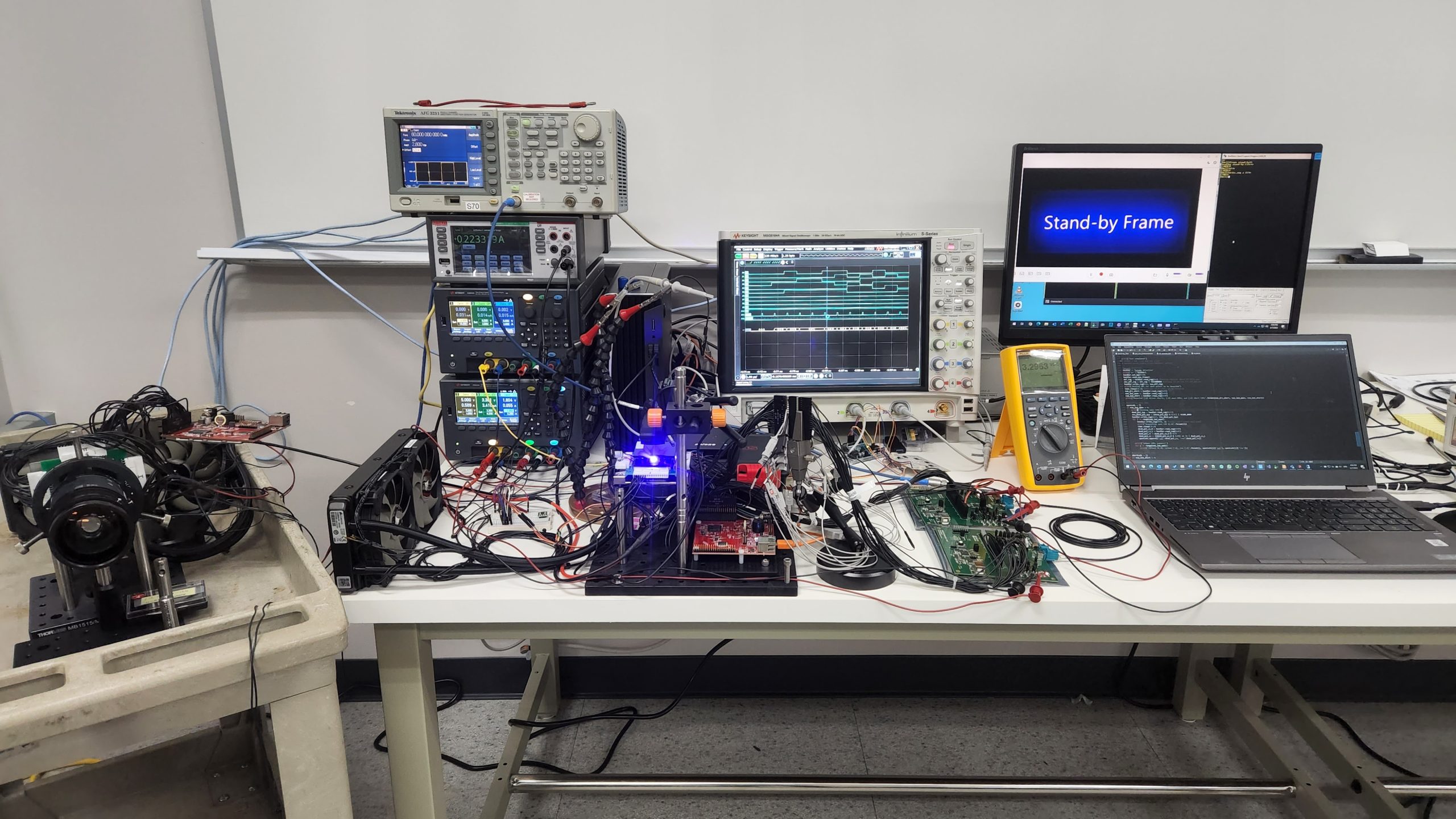 services-03 Lab setup testing 20MHz parallel communication over SerDes while monitoring data over oscilloscope and checking produced test image is correctly displayed on the microLED device.