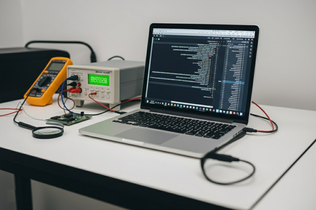 laptop Python-based VISA instrumentation control for microLED parametric testing.